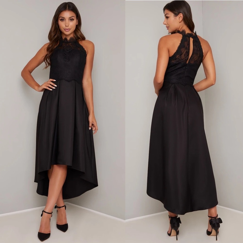 High Neck Lace Bodice Dip Hem Midi Dress in Black